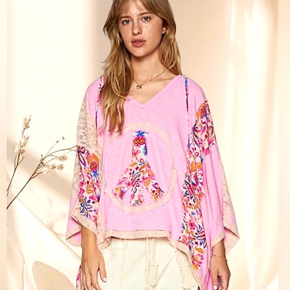 POL Blush Pink Peace Sign Hoodie | Oversized Lace Patchwork Bohemian Top - Picture 1 of 7